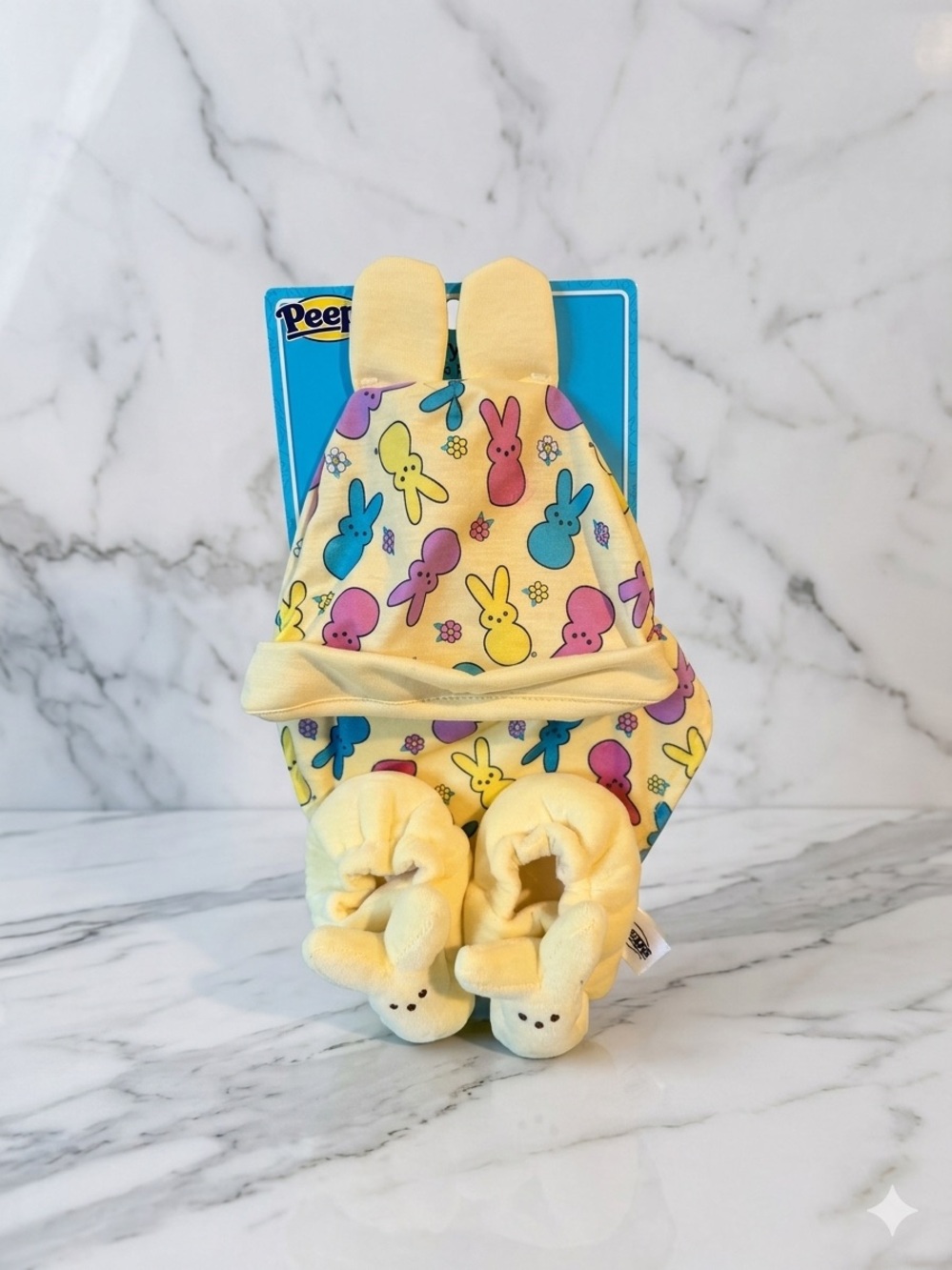 🍓 Peeps Baby Hat & Booties Set - Yellow Bunny Print